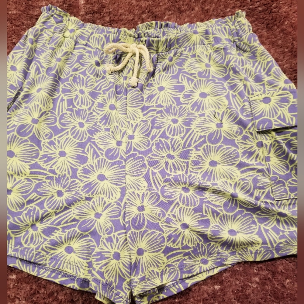 Floral Girl's Shorts in Blue and A Neon Green/yellow Flowers. NWOT Size Large
